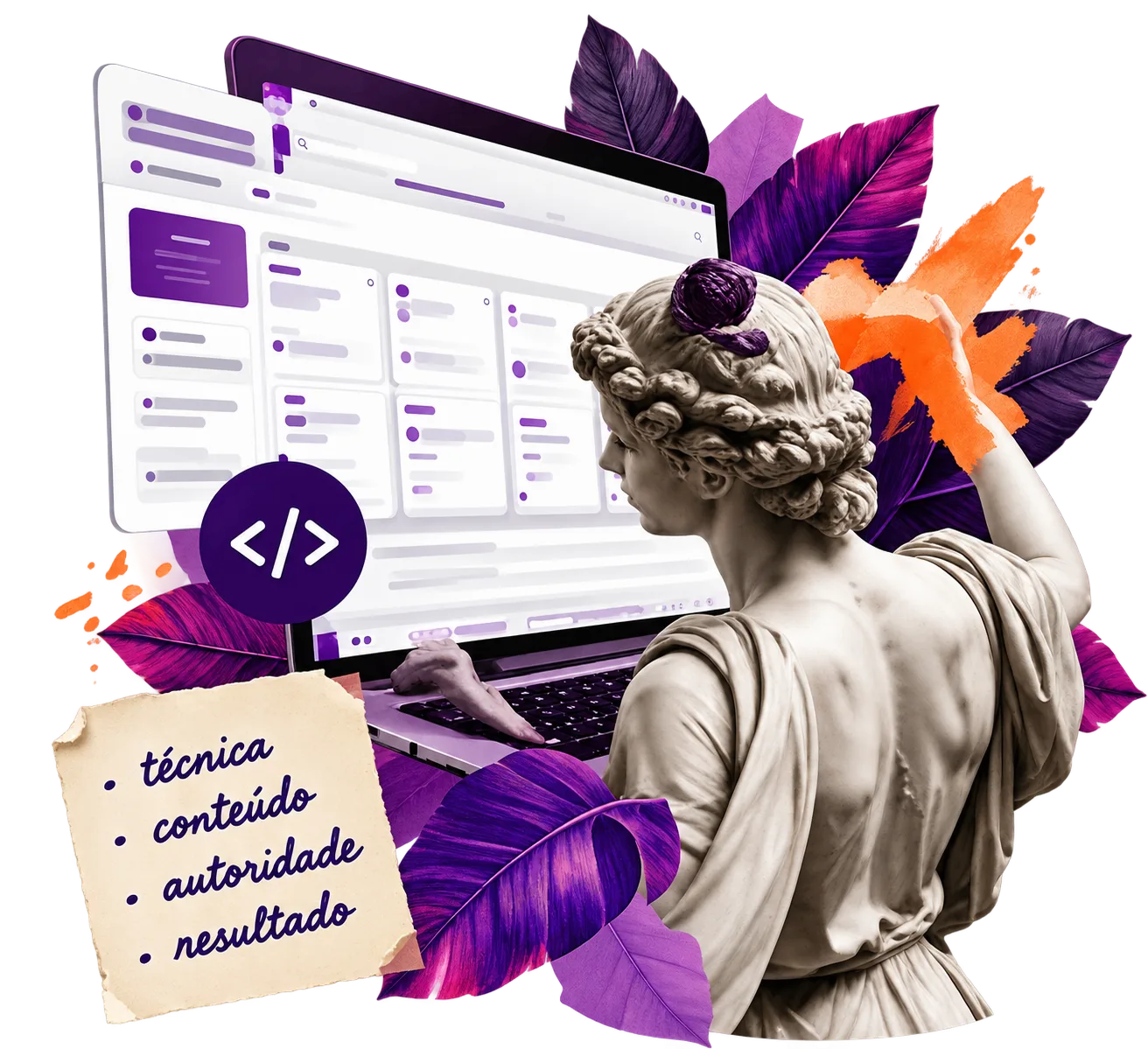 Estátua clássica de costas diante de um painel de conteúdo, com um bilhete escrito à mão listando técnica, conteúdo, autoridade e resultado