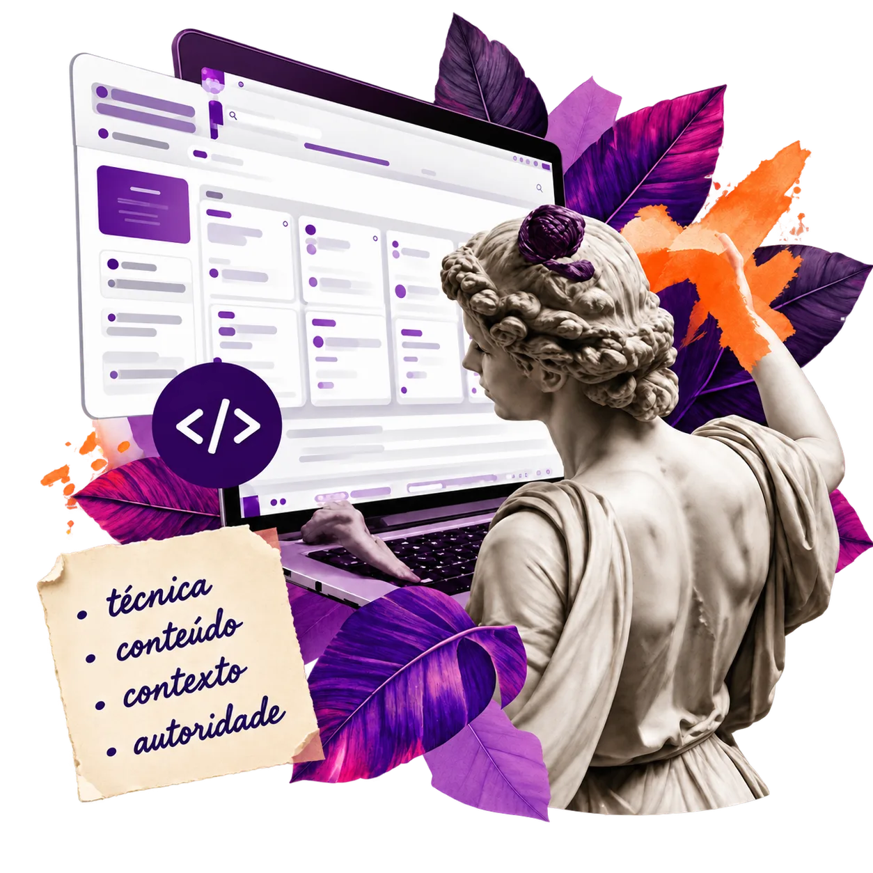 Estátua clássica de costas diante de um painel de conteúdo, com um bilhete escrito à mão listando técnica, conteúdo, autoridade e resultado