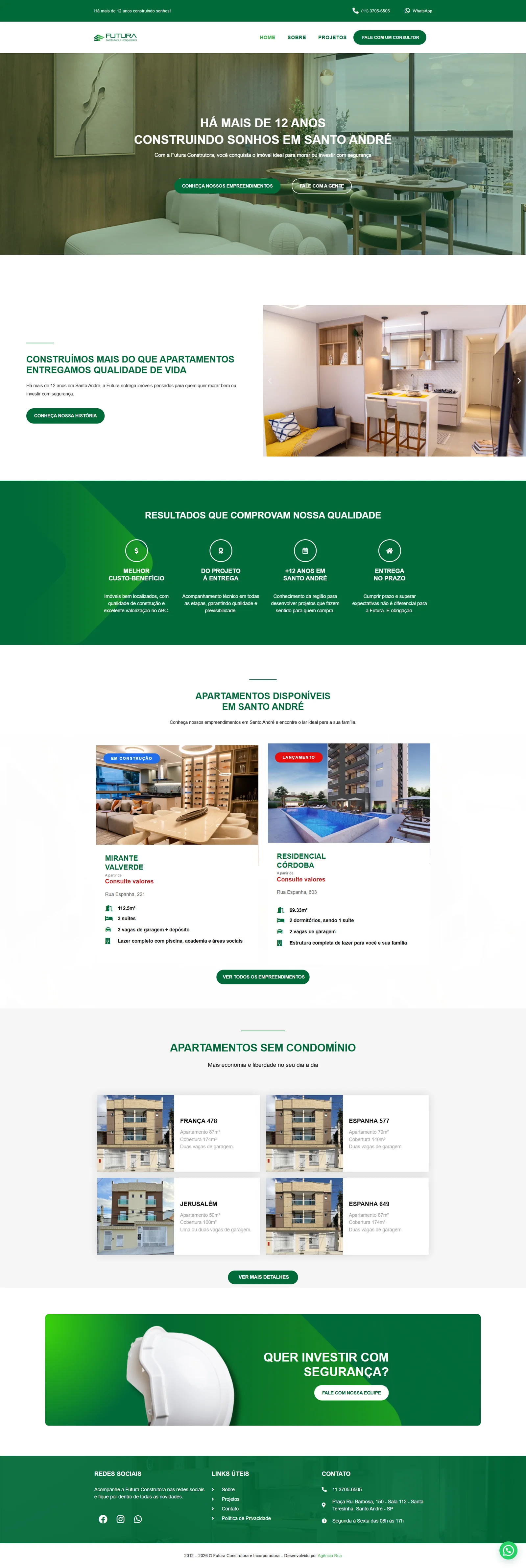 Página inteira do site da Futura Construtora